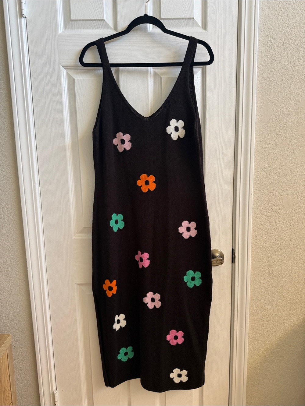 H&M Black Maxi Slip Dress with Multicolor Flower Appliqués